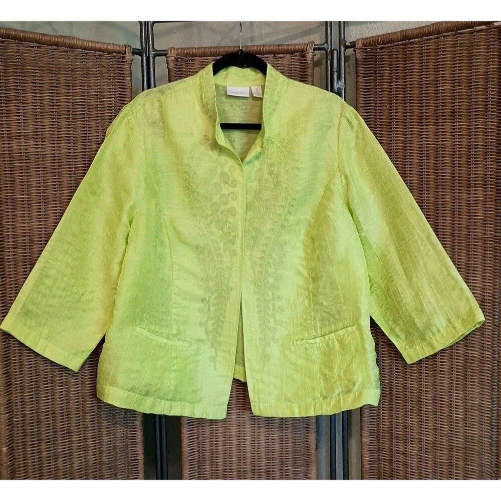 Chico's Size 2 US L Open Front Jacket  Neon Linen Blend Embroidered Neon Green